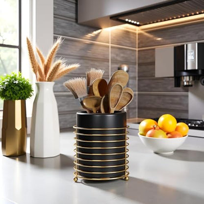 Dining Utensil Holder Cooking Utensil Holder,Gold Ring Metal Frame and Black Ceramics - color: Black Gold, size: XL