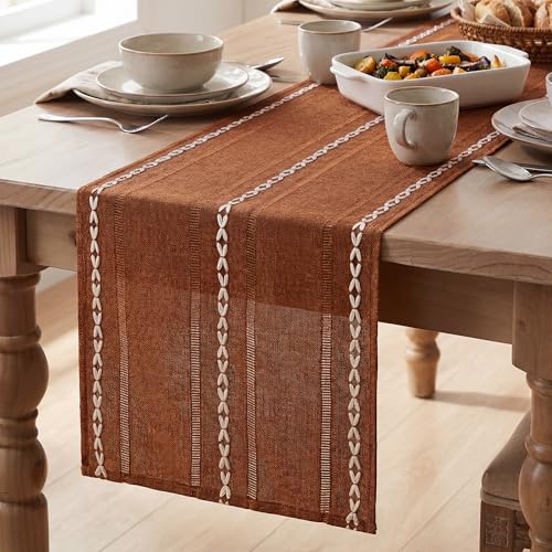 Artoid Mode Caramel Rustic Cotton Linen Table Runner, Seasonal Fall Embroidered Hollow Kitchen Dining Table Decoration for Home Party Decor 13x36 Inch - color: Caramel, size: 13" x 36"