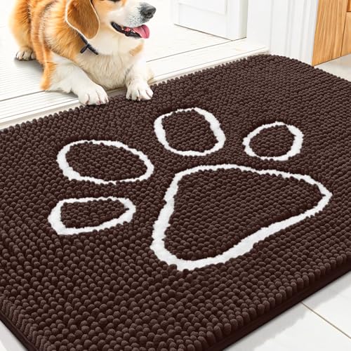 Smiry Dog Door Mat for Muddy Paws, Absorbent Non Slip Dirt Trapper, 30x20 | Brown and White, Quick Dry Washable Chenille Mat for Mud Dogs, Entry Rug for Indoor and Outdoor - color: Brown and White, size: 30"X20"