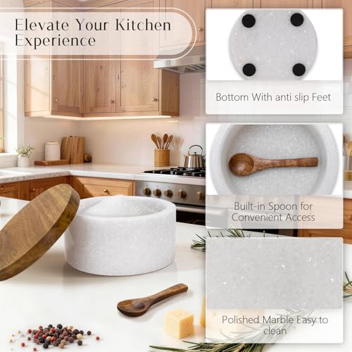 Marble Salt Cellar with Lid & Spoon, Salt Container, Salt Holder | Acacia Wood Lid, Wide Base with Non-Skid Feet, Moisture Proof Spice Cellars Keeps Salt, Pepper & Spices Dry, 6 oz (White) - color: White