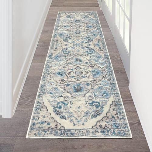 HEBE Hallway Runner Rug 2'x6', Washable Non Slip Kitchen Rug Runner | Soft Boho Bedroom Runner Rug, Vintage Distressed Low-Pile Floor Carpet Runners for Hallway, Entrance, Bathroom, Laundry - color: Blue, size: 2' x 6' (Rectangular)