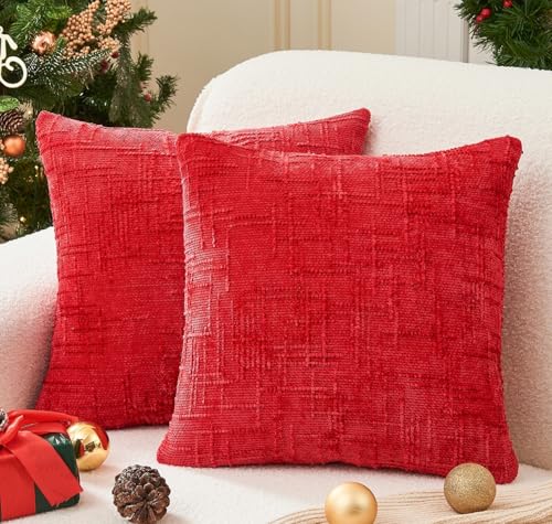 Christmas Red Pillow Covers Set of 2 18x18 Inch Throw Pillow Covers, Soft Chenille Xmas Decorative Pillowcases for Couch Sofa Bed Living Room, Home Cute Decor, Modern Cushion Covers - color: Red, size: 18" x 18" (Pack of 2)
