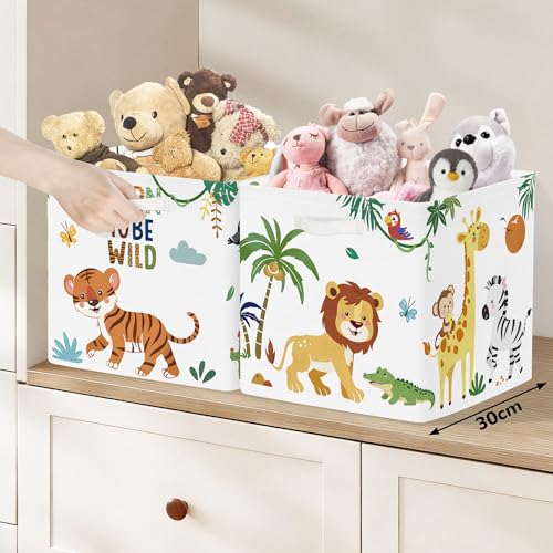 Clastyle 11.8" Animal Storage Basket Set of 3 for Kid Toy Clothes Bin | Collapsible Fabric Book Bin, Metal Frame Bottom Board, Cube Organizer, Closet Nursery Pantry Shelf Bedroom, Safari Lion - color: Lion Elephant