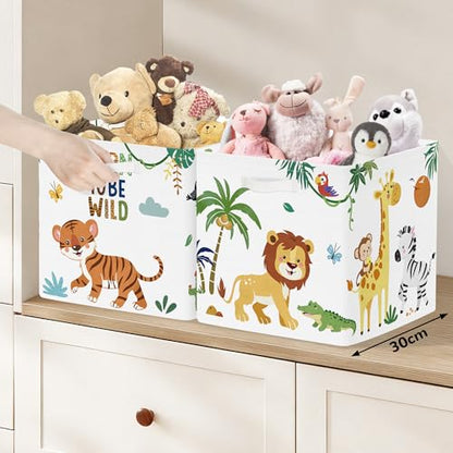 Clastyle 11.8" Animal Storage Basket Set of 3 for Kid Toy Clothes Bin | Collapsible Fabric Book Bin, Metal Frame Bottom Board, Cube Organizer, Closet Nursery Pantry Shelf Bedroom, Safari Lion - color: Lion Elephant