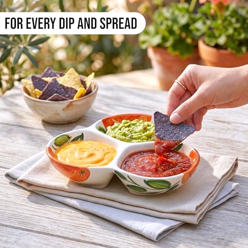 3-Compartment Ceramic Serving Dish, Handmade in Spain | 7.5” divided chip and dip bowl with lead-free glaze, microwave, oven and dishwasher safe, ideal for tapas, snacks and sauces - color: Orange Glow