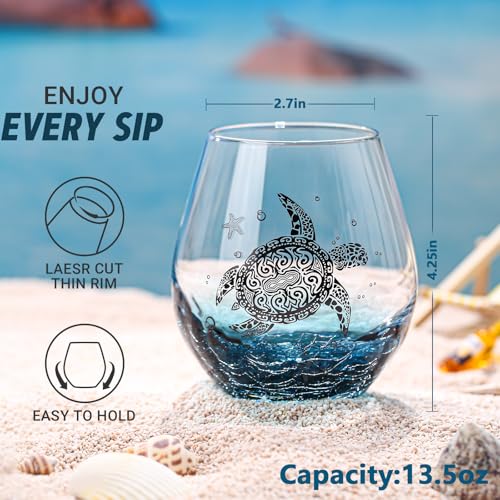 Physkoa Sea Turtle Gifts for Women-13.5oz Sea Turtle Wine Glasses set of 2 - Crackle teal design turtle wine glasses-Hand blown Stemless Wine Glass - turtle lovers Gifts for Birthday，Mothers Day - color: Bluck（2 Count）