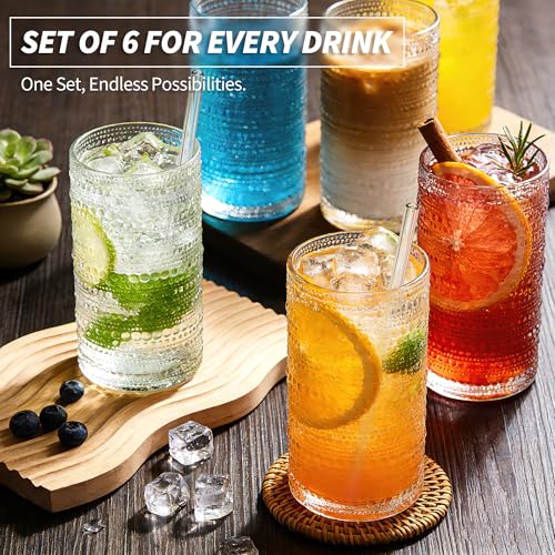 Large Hobnail Drinking Glasses with Straws, 16 oz/480 ml, 6 Pack | Vintage Hobnail Glassware Highball Glasses for Cocktail, Juice, Whiskey, Beer, Milk and Various Mixed Drinks