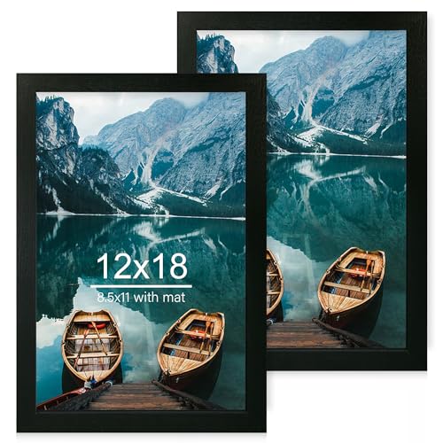 Hongkee 12x18 Frame Set of 2, Rustic Black Wood Style, Display 12 x 18 Poster without Mat or 8.5x11 Picture with Mat, Wall Mounting Horizontal and Vertical - color: Rustic Black, size: 12x18 in