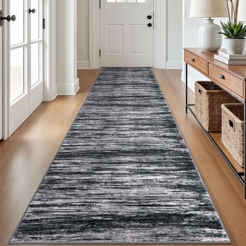 SIILOOM 2.6x12 Washable Runner Rug, Non Slip Area Rug for Hallway Kitchen | Black/White Soft Modern Abstract Spill & Stain Resistant Low Pile Carpet for Entryway Office Laundry Bedroom, Easy Clean - color: Black/White, size: 2'7" x 12' (Runner)