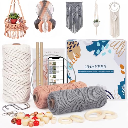 UHAPEER Macrame Kits for Adults Beginners with 656 Feet 3 mm Cotton Cord | DIY Macrame Plant Hanger Kit with Macrame Supplies and Instructions, Macrame Beads, Wooden Rings, Dream Catcher Rings - color: Beige Pink & Grey