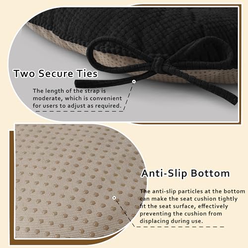 ELFJOY Dining Chair Cushions Set of 2 Non Slip 18"X18"X3" Black | Thick,Textured Fabric, with Ties, Tufted, Large, for Kitchen, Dining Room, Indoor, Bedroom, Living Room, Office, Comfortable - color: Black