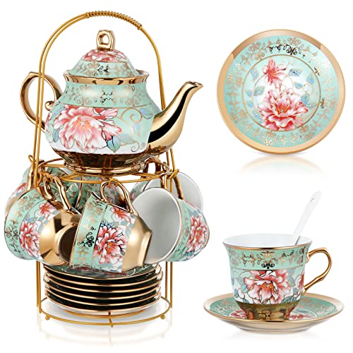 Zhehao 20 Pcs Porcelain Tea Set with Metal Holder and Spoon Adult Ceramic Tea Set European Flower Painting Teapot Cup Saucer Spoon for Women Mom Gift, Large Version (Fresh Style) - color: Fresh Style