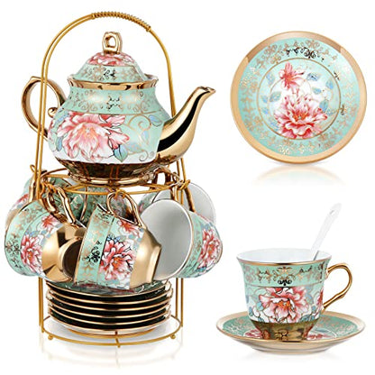 Zhehao 20 Pcs Porcelain Tea Set with Metal Holder and Spoon Adult Ceramic Tea Set European Flower Painting Teapot Cup Saucer Spoon for Women Mom Gift, Large Version (Fresh Style) - color: Fresh Style