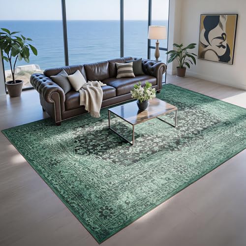 8x10 Green Washable Area Rugs for Living Room,Bedroom,Dining Room,Playroom | Ultra Soft Low Pile Faux Wool,Non-Slip & Non-Shedding,Stain Resistant,Fade Resistant,Vintage Carpet for Farmhouse Home Office - color: Dark Green-green-black-light Green, size: 8