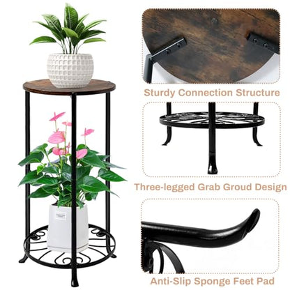 Plant Stand Indoor, 2-Tier Tall Wood & Iron Plant Stand, Heavy Duty Floor Plant Shelf Plant Rack for Patio Living Room Balcony Home Decor