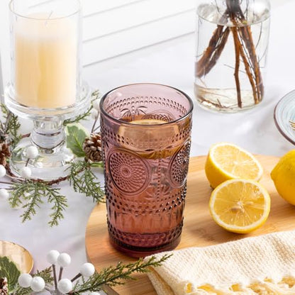 Purple Drinking Glasses Vintage Glassware Set Ribbed Water Glass Cups | Embossed Sunflower Highball, 6 Pack, 16 oz Glassware Set, Housewarming Gifts