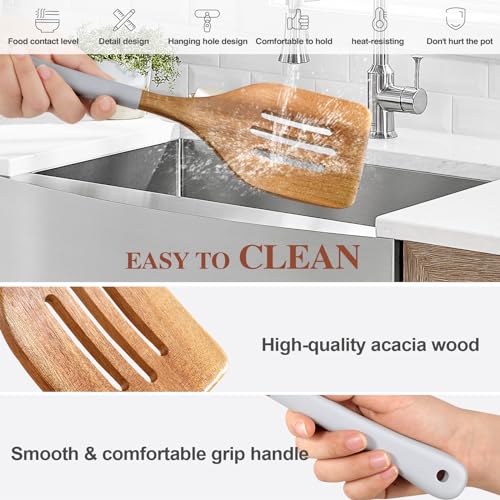 Wooden Spoons For Cooking, 6 Pieces Natural Acacia Wooden Cooking Utensils or Non-Stick Wooden Kitchen Utensil Set for Kitchen Essentials, Wood Cooking Utensils Set with Hanging Hole, Grey - color: Gray