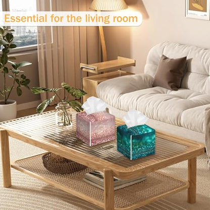 Pink Green Glitter 2 Pcs Tissue Box Cover Square, Tissue Box Holder Waterproof Leather Facial Paper Organizer Dispenser for Bathroom Home Car Nightstand - color: Pink Green Glitter