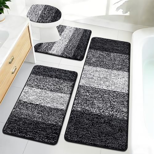 Bsmathom Bathroom Rug Set 4 Piece, Plush Microfiber Bath Mat, Black | Extra Water Absorbent, Non Slip Washable Runner Bath Rugs with Toilet Lid Cover and U-shaped Contour Toilet Mat - color: Black, size: 20"x31"+20"x59"+U20"x24"+Cover19"x21"