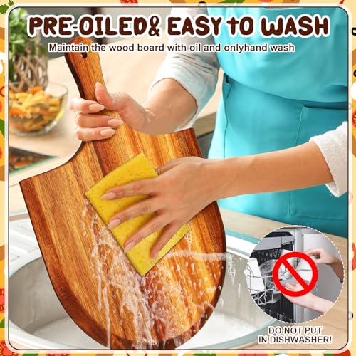6 Pcs Acacia Wood Pizza Peel with Handles 12 Inch Wooden Spatula Paddle Round Pizza Cutting Board Cheese Serving Tray for Meat Bread Charcuterie Deli