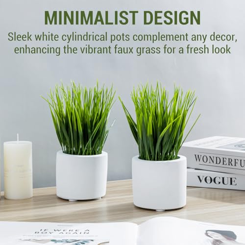 MyGift Artificial Grass Plants in Modern Cylindrical White Cement Pots, Decorative Faux Greenery Plant in Tabletop Planter, Set of 2 - color: White (Round)