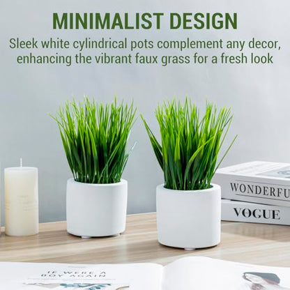 MyGift Artificial Grass Plants in Modern Cylindrical White Cement Pots, Decorative Faux Greenery Plant in Tabletop Planter, Set of 2 - color: White (Round)