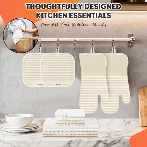 Oven Mitts Kitchen Towels and Dishcloths with Pot Holders Sets, Oven Gloves Hot Pads 500°F Heat Resistant with Silicone Grip, Include 2 Cooking Gloves/2 Potholders/4 Kitchen Towels/4 Dish Towels - color: Milkshake
