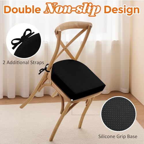 downluxe Memory Foam Linen Kitchen Chair Pads with Ties, Chair Cushions for Dining Chairs, 17" x 16" x 2.5", Black, 2 Pack