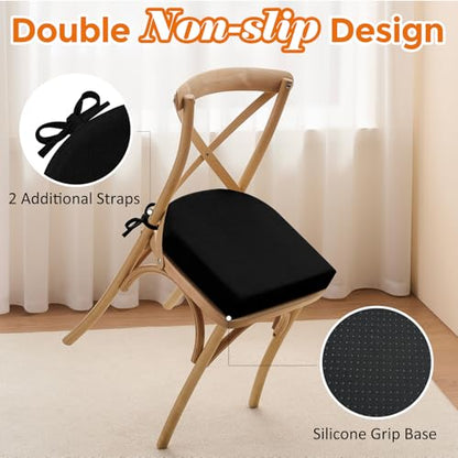 downluxe Memory Foam Linen Kitchen Chair Pads with Ties, Chair Cushions for Dining Chairs, 17" x 16" x 2.5", Black, 2 Pack