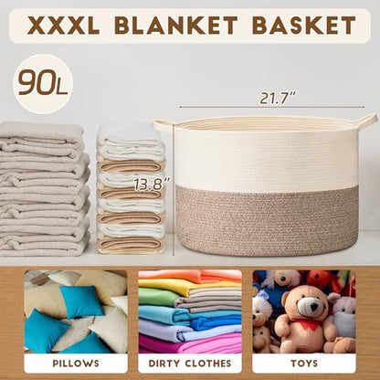 XXXLarge Woven Cotton Rope Basket (21.7" x 13.8") 90L – Blanket Basket for Living Room, Laundry Hamper, Baby Laundry Hamper, Toy Storage, Pillows & Cushions Organizer (Brown) - color: Brown