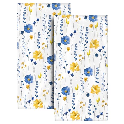 Watercolor Floral Decorative Bathroom Hand Towels Set of 2, Absorbent Royal Blue Yellow Flower Bath Hand Towels for Bathroom,Housewarming Gifts for New Home Women - color: Yellow Flower