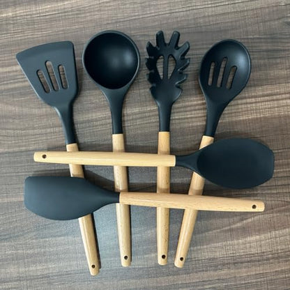 Silicone Kitchen Utensils Set of 6, Cooking Utensils Set with Heat Resistant Wooden Handle, Nonstick Silicone Spatula Spoon Turner Ladle, Cooking Kitchen Gadget for Cookware & Baking BPA FREE - color: Black, size: Standard 6-Piece Set