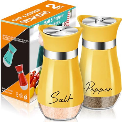 Salt and Pepper Shakers - 4 oz Yellow Glass Set with Stainless Steel Lids | Refillable Glass Shakers with Stainless Steel Lids for Cooking, Dining, RV Trips, Camping and BBQs; 4 oz Capacity Each. - color: Yellow