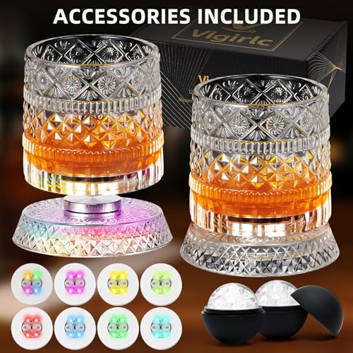 Luxury 360° Spinning Crystal Whiskey Glass Set Of 2, Rotating Old Fashioned Rocks Glasses & & 4 Color Lighting, Scotch & Bourbon, Cocktail Glasses for Bar, Party, Home, and Gift (Star Diamond) - color: Star Diamond