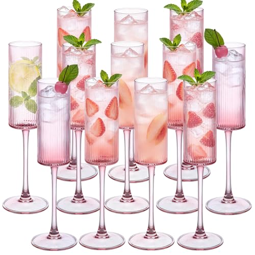 12Pieces Pink Crystal Wine Glasses 6OZ Goblet Ribbed Champagne Flutes Mimosa Bar Toasting Glass Champagne Long Stem Vintage Drinking Colored Glasses for Birthday, Wedding, Cocktail Cups - color: Pink, size: 12 PCS