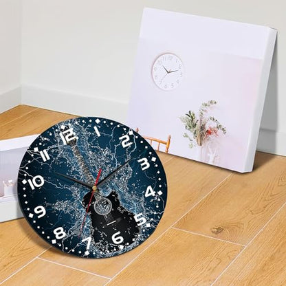Electric Guitar Wall Clock - 10 Inch Wooden Art Hanging Clock, Silent Non-Ticking, Battery Operated, Round Home Arabic Numeral Decorative - color: Electric Guitar