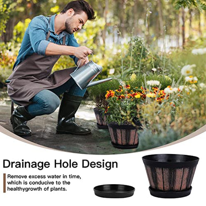 Quarut 6 inch Brown Barrel Planters with Drainage Holes & Saucer, Set of 4, Indoor & Outdoor Garden Home Plants - size: 6 inches
