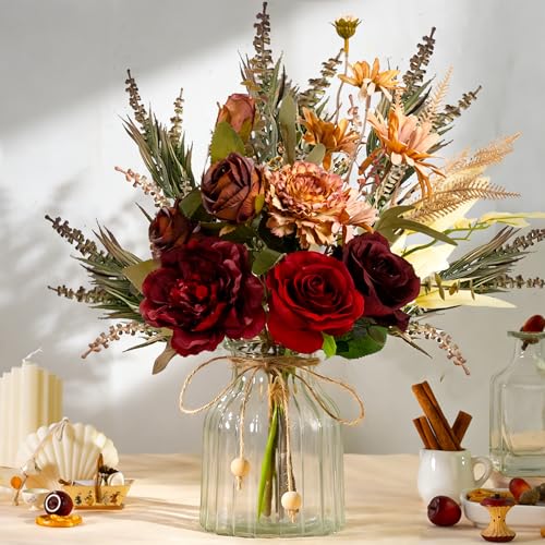 LESING Dahlia Flower Aritificial Flower with Vase Fake Silk Flowers in Glass Vase Faux Rose Flowers Arrangement for Home Office Table Centerpiece Decoration (Claret Red) - color: Claret Red