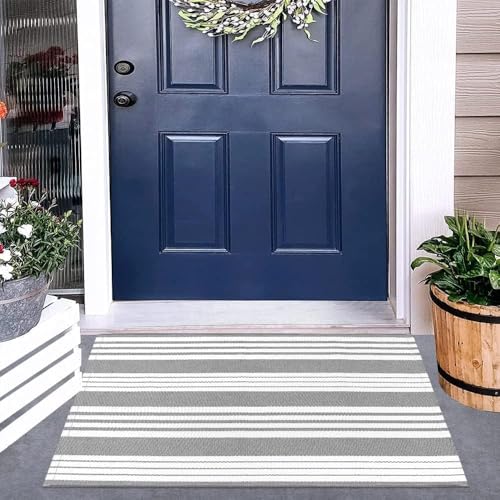 Front Door Mat Outdoor Doormat 24"x35" Gray White Striped Outdoor Rugs | Washable Front Door Rug Entry Rug Indoor Door Mat Outside Entrance Cotton Woven Small Area Rugs for Porch/Kitchen/Entryway - color: Gray/White Stripe, size: 2' x 3' (Rectangular)