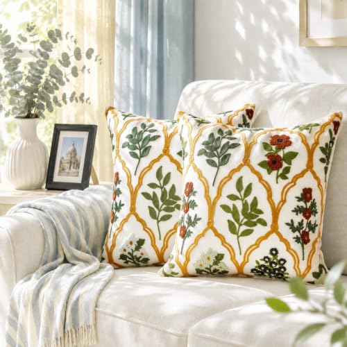 Alysheer Floral Embroidered Decorative Throw Pillow Cover 18"x 18" Set of 2 | Spring Summer Flower Emboridery Patterned Cotton Convas Cushion Case for Couch Bed Living Room - color: - Red, size: 18" x 18" (Pack of 2)
