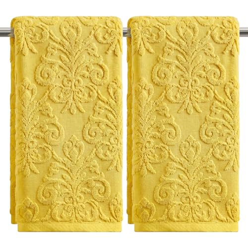 Artoid Mode 2 Pcs Yellow 3D Vintage Floral Hand Towels for Bathroom, 100% Cotton Soft Absorbent Bathroom Decor Towels, 13.7 x 29.5 Inch - color: Yellow, size: 13.7" x 29.5", 2PCS