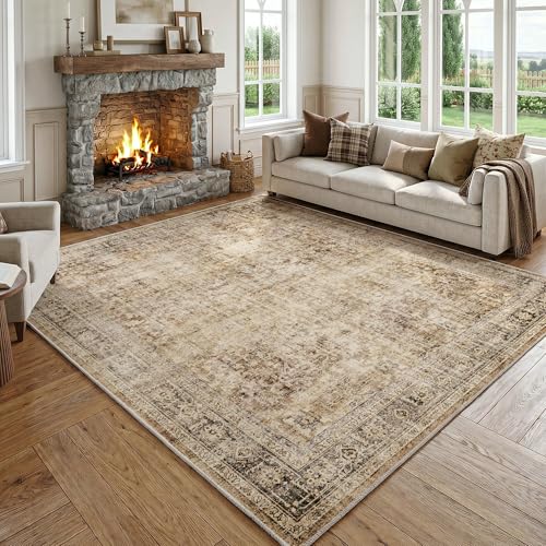 FMFUNCTEX 8x10 Washable Brown Vintage Distressed Large Rug for Living Room | Non Slip Low Pile Soft Large Retro Oriental Farmhouse Traditional Faded Indoor Thin Carpet Bedroom Dining Room Nursery Office - color: Brown, size: 8' x 10' (Rectangular)