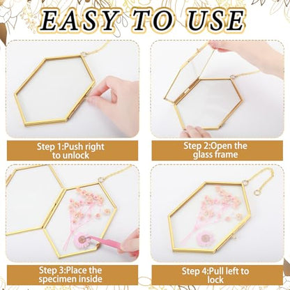 Qunclay 4 Pcs Floating Flower Frame Hanging Pressed Flower Frame DIY Hexagon Glass with Chain Double Floating Picture Geometric Wall Decor for Picture in Home Gallery Gradution