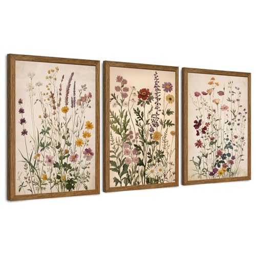 AVECCO 3 Piece Vintage Wildflower Botanical Framed Canvas Wall Art 20x30 in | Uv Fade-Resistant Ink, Giclée Print, Wooden Frame, Triptych Nature Floral Artwork, Ready to Hang, Living Room Bedroom Decor - color: Colorful, size: 30"L x 20"W