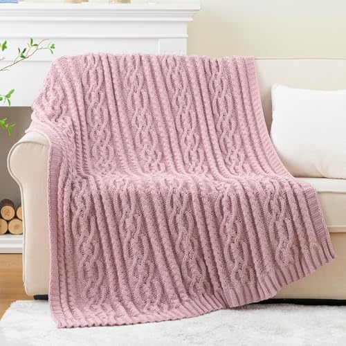 Battilo Pink Throw Blanket for Couch, Cable Knit Blanket, Soft Chenille Throw Blanket, Cozy Warm Blankets for Girls Daughter Women Gifts for Mom, 51"x67", Blush - color: Blush