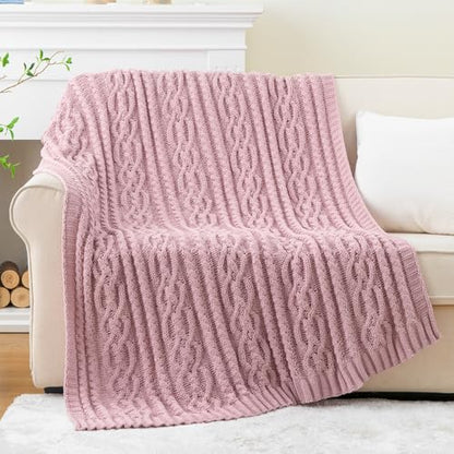 Battilo Pink Throw Blanket for Couch, Cable Knit Blanket, Soft Chenille Throw Blanket, Cozy Warm Blankets for Girls Daughter Women Gifts for Mom, 51"x67", Blush - color: Blush
