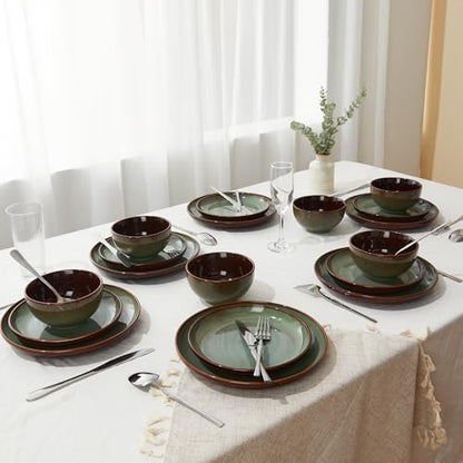 16 Piece Double Bowl Dinnerware Sets with Pasta Bowls, Highly Chip and Crack Resistant Plates and Bowls Sets, Natural Earthyware Ceramic Dishware Sets, Service for 4 Sage Green - color: Sage Green, size: Set (16pcs)