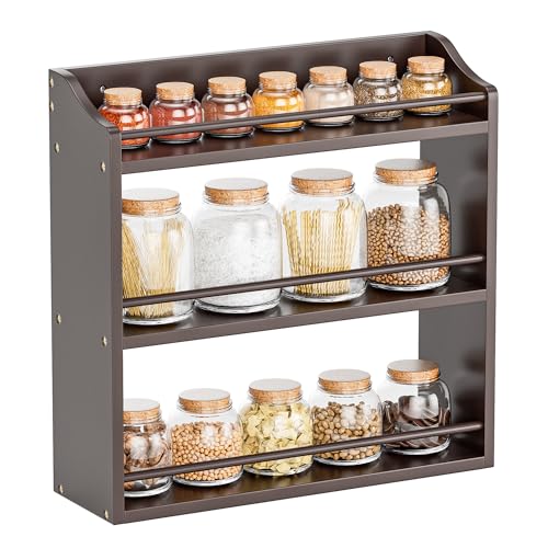 STELLSTAR 3 Tier Bamboo Wood Spice Rack, Seasoning Bottles Jars Organizer Shelf for Spices or Craft Supplies, Kitchen Counter or Wall Mounting (Brown) - color: Brown