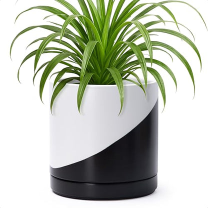 D'vine Dev 8.2 Inch Ceramic Planter Pot, Black White Diagonal, 94-O-D-K | Modern Cylinder Design, Drainage Hole & Saucer Included, Stable Structure, Elegant Home Accent - color: Oblique Monochrome Black & White, size: Medium