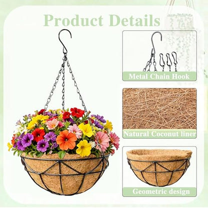 EIMQUVW 14 Inch Coconut Fiber Hanging Planter 4 Packs Durable Metal Hanging Baskets with Chains Outdoor Wire Pot for Spring and Summer Front Porch Garden Decoration - size: 14 Inch, style: Geometric